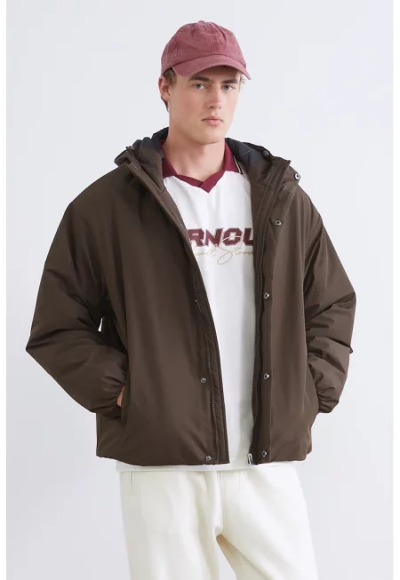 Подплатено зимно яке с качулка - Тъмнокафяв