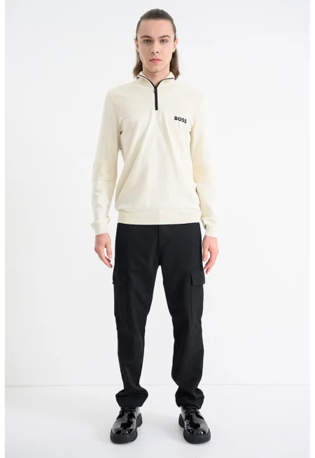 Пуловер с къс цип - Черен/Светло бежово