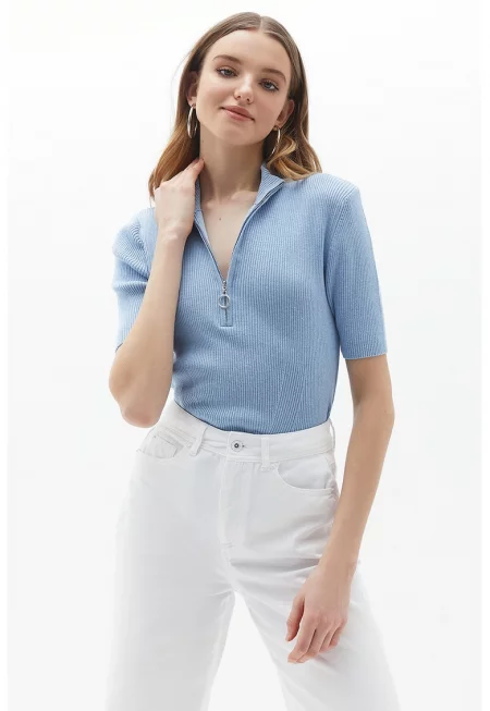 Пуловер с памук с къс цип