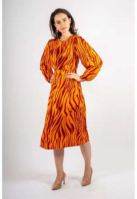 Разкроена рокля Natalia с бухнали ръкави - Бордо/Оранжев