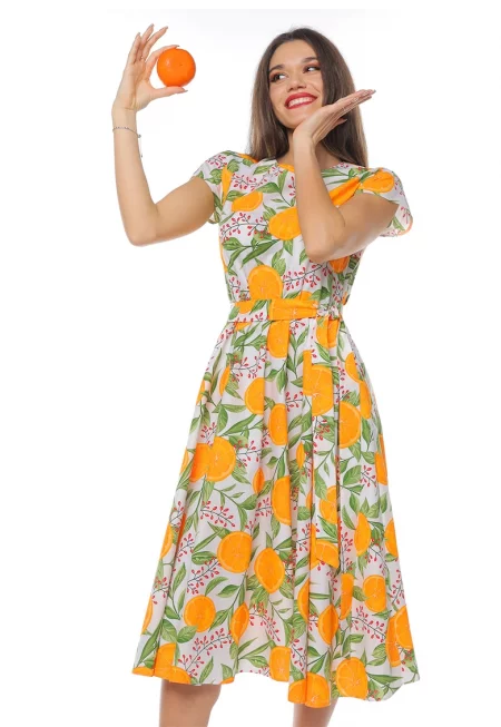 Разкроена рокля с къси ръкави - Оранжев/Бледозелен