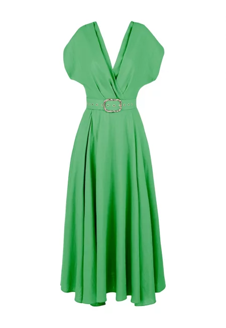 Разкроена рокля с колан - Зелен
