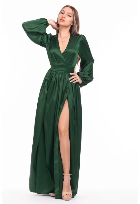 Разкроена рокля със застъпено деколте и шлиц - Тъмнозелен