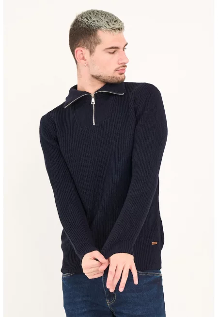 Рипсен пуловер с къс цип - Ултрамарин синьо