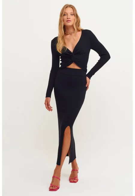 РИпсена пола с висока талия и цепка - Черен