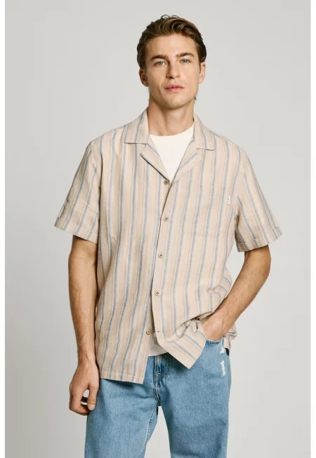 Риза с къси ръкави и шарка - Бежов/Светлосин