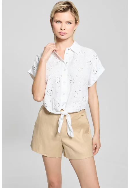 Риза с лиосел с бродерии и къси ръкави - Бял/Прозрачен