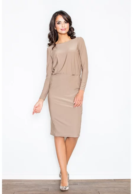 Рокля  елегантна - цепка на гърба - бежова - течна - полиестер