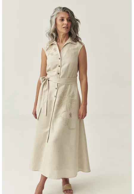 Рокля с лен - Светло бежово