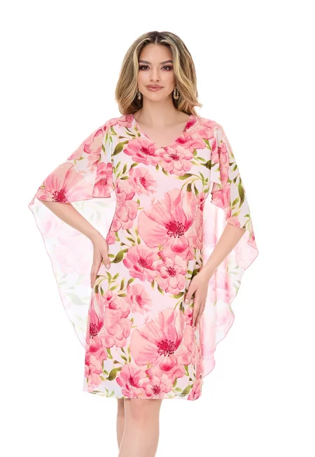 Рокля тип пелерина с шпиц - Бял/Зелен/Розово