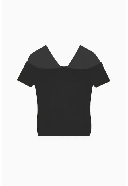 Тениска с къс ръкав - V-образно деколте и горна част от тюл - Черен