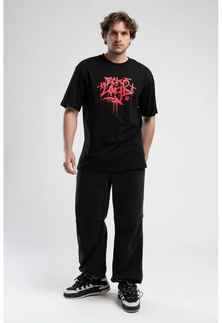 Тениска с лого и паднали ръкави - Червен/Черен