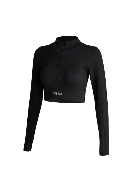 Тренировъчна къса блуза с полуцип - Черен