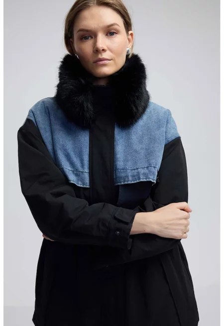 Яке с еко пух и деним - Черен/Син меланж