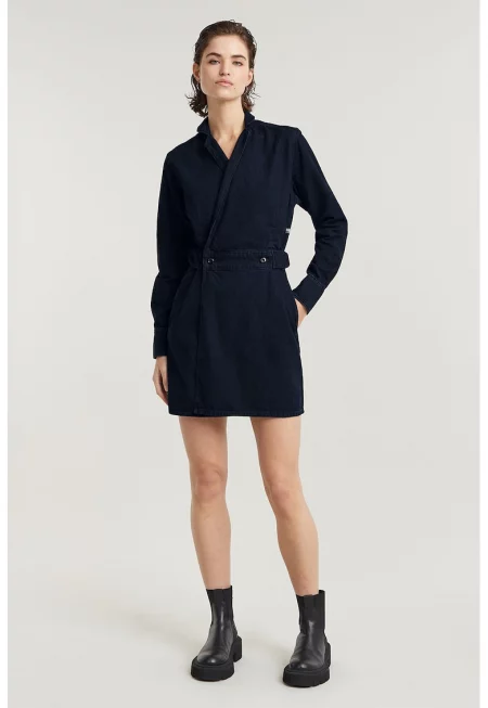 Застъпена рокля от деним с дълги ръкави - Тъмносин