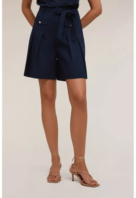 Бермуди с широк крачол и висока талия - Тъмносин