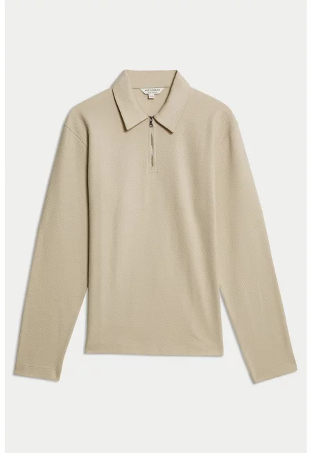 Блуза с яка и къс цип - Бежов