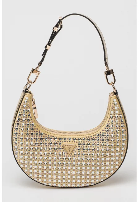 Чанта Half-Moon с декоративни камъни - Бял/Крем