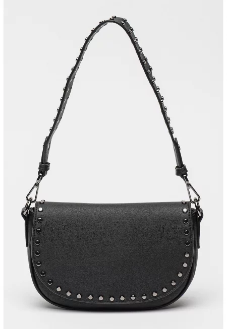 Чанта през рамо с капаче и лого на презрамката - Черен