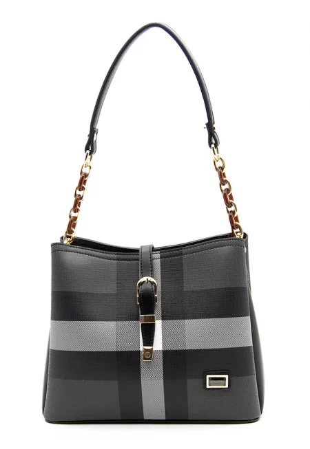 Чанти от екологична кожа с презрамка и катарама - Черен/Сив - 22x27x12