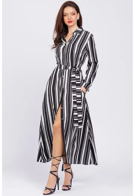 Дълга рокля-риза с джобове - Избеляло черно/Бял