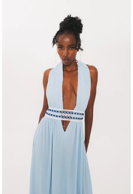 Дълга рокля с дълбок шпиц - Светлосин