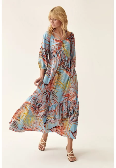 Дълга рокля с тропическа шарка - Жълт/Оранжев/Светлосин