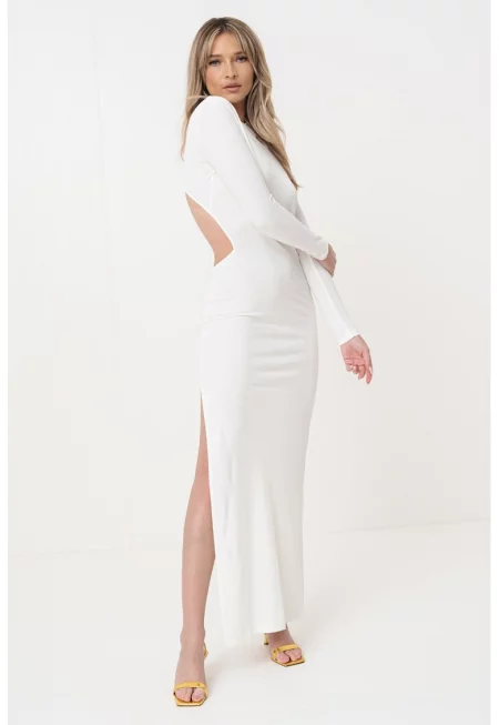 Дълга вталена рокля с цепка и отвор - Мръснобял