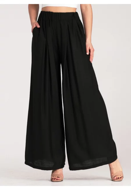Дамски черен широк панталон с висока талия  изработен от вискоза и еластан - Един размер