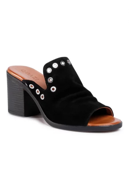 Дамски джапанки с платформа  Естествена кожа Черни