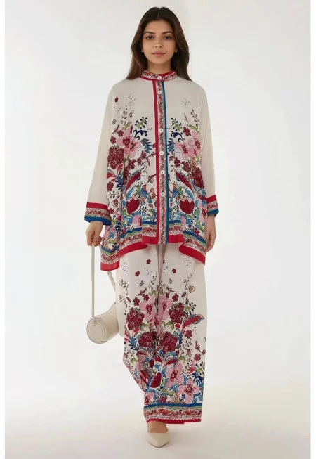 Дамски костюм -  панталон с висока талия - свободна кройка - бял - текстил