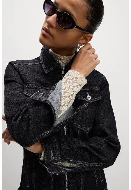 Дънково яке с цип - Бял/Избеляло черно