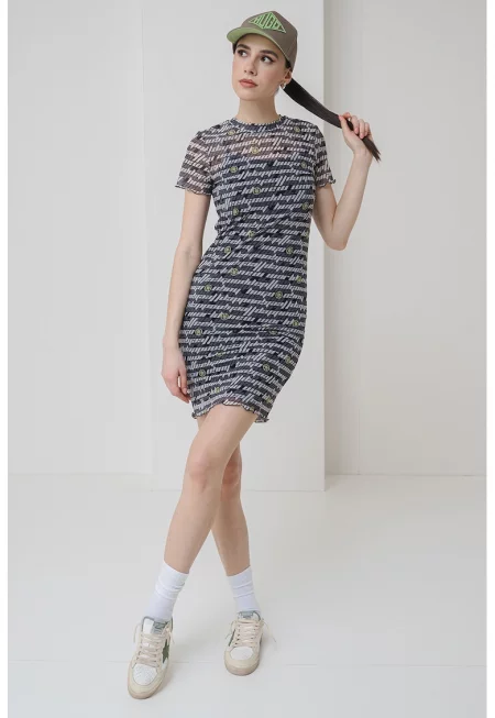 Десенира рокля Nastaja с къси ръкави - Черен/Сив/Шам фъстък зелено