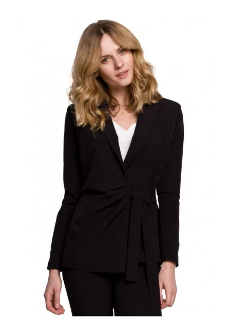 Елегантен блейзър  С колан - Полиестер - Еластан - Черен