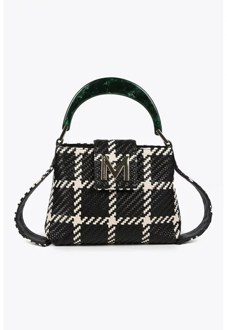 Карирана чанта за рамо от еко кожа - Черен/Мръснобял