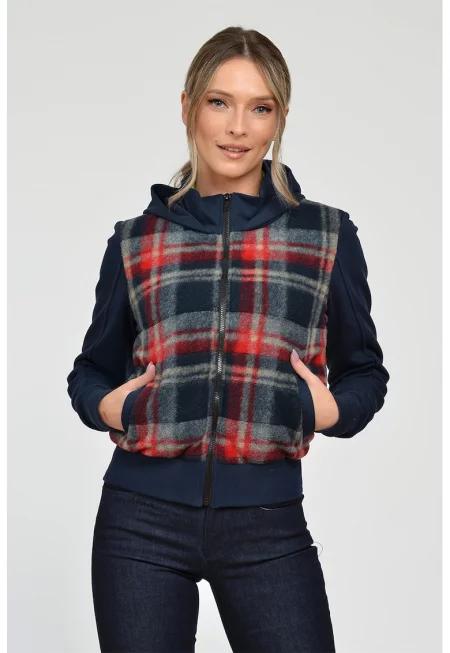 Карирано худи Desiree с цип - Червен/Тъмносин