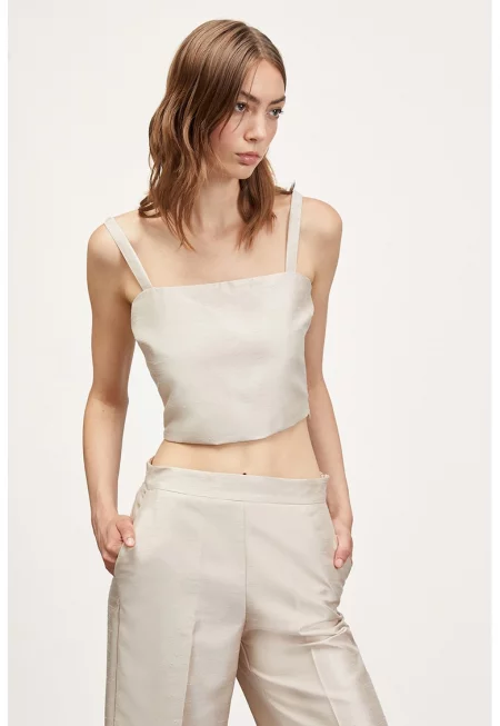 Къс сатиниран топ с набирания - Светло кафяво