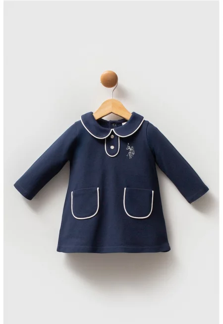 Къса памучна рокля с дълги ръкави - Тъмносин