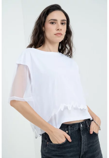 Къса тениска с полупрозрачна апликация - Бял