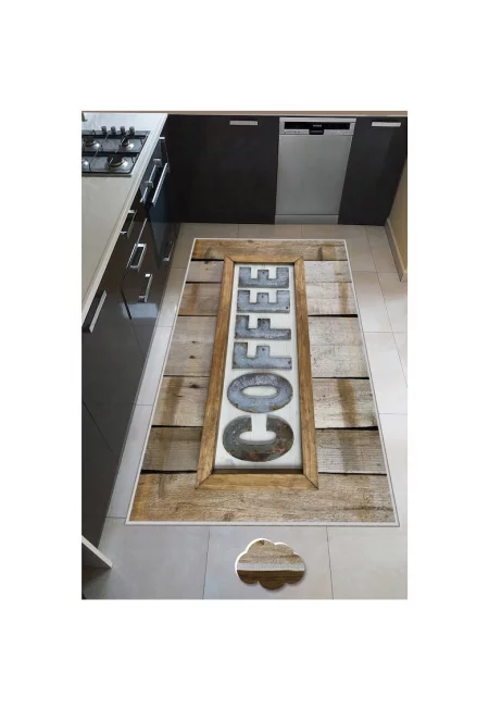 Килим Coffee  За кухня - 100x200 см - Полиестер - Дигитален печат - Неплъзгащ се - Бежов/Сив