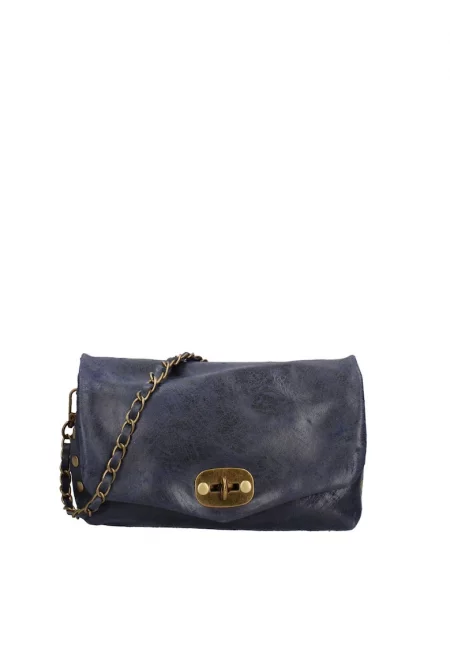 Кожена чанта през рамо Floralia с метално закопчаване - Тъмносин