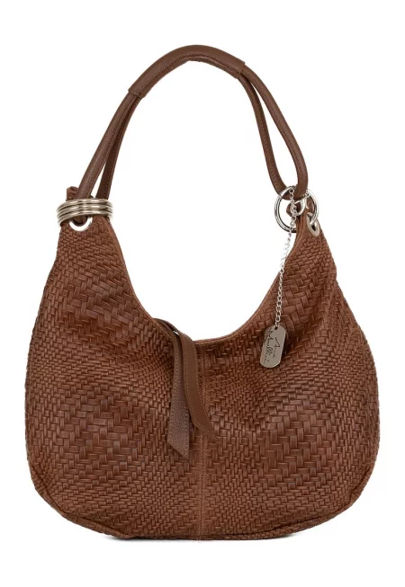 Кожена чанта с форма на полумесец и с релеф