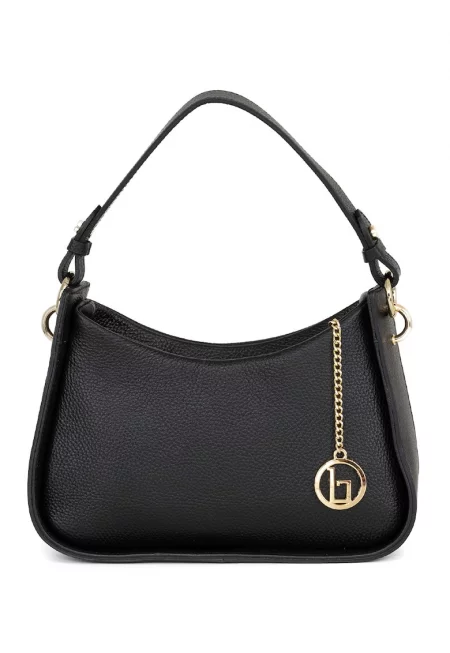 Кожена чанта за рамо с отделяща се презрамка-верижка - Черен