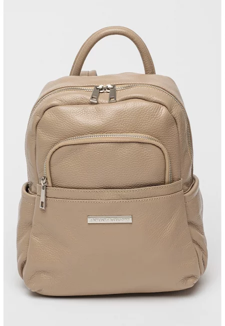 Кожена раница с двупосочен цип - Светло кафяво