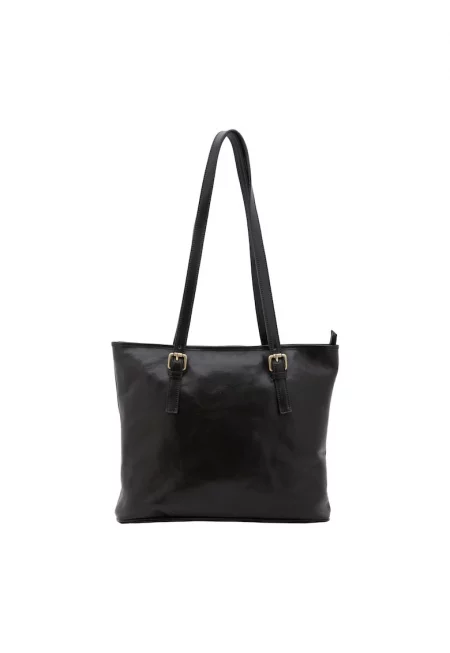 Кожена шопинг чанта с регулируеми презрамки - Черен