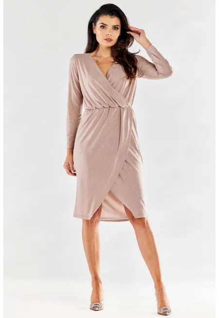 Миди рокля с дълъг ръкав - V-образно деколте - полиестер A548