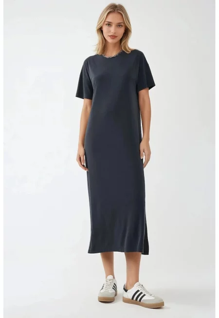 Миди рокля -  свободна кройка - тъмносив - полиестер/ модал
