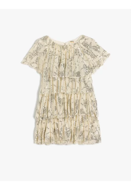 Надиплена рокля с пайети - Бежов