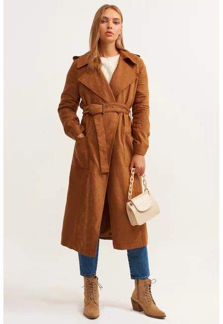 Палто с колан - Канелено кафяво