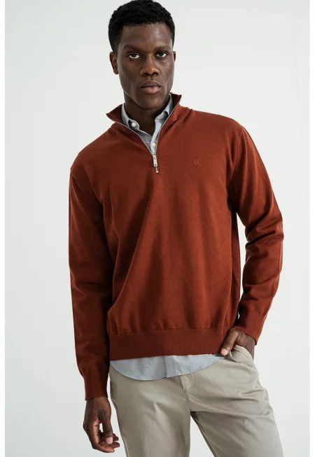 Памучен пуловер с къс цип - Канелено кафяво